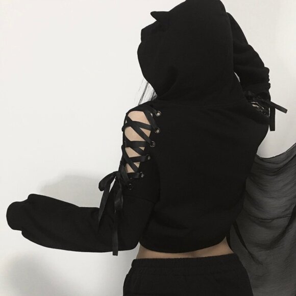 Cat Ear Hoodie Off Shoulder Crop Top Long Sleeve Pullover Sweatshirt ASIAN SIZE - Picture 4 of 16